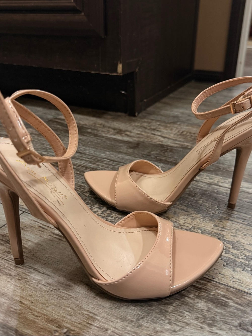 Anne Michelle Nude Patent Stiletto Ankle-Strap Heels
